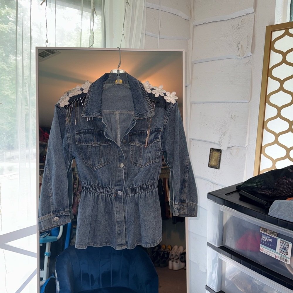 Floral Embellished Blue Jean Jacket for Kids